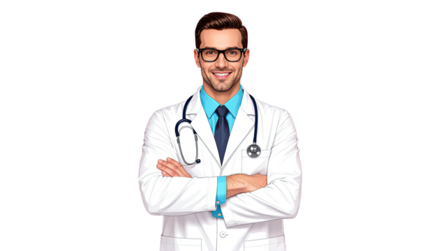 Confident male doctor wearing glasses professional medical healthcare specialist portrait isolated on white background