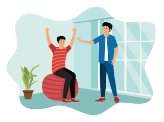 Therapists man working with disabled patients.