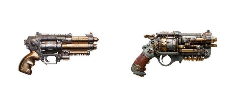 Intricate Steampunk Revolver and Ornate Blunderbuss on Black Background, cut out transparent