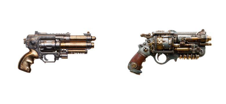 Intricate Steampunk Revolver and Ornate Blunderbuss on Black Background, cut out transparent