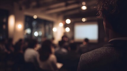 Startup pitch session with projector and engaged audience
