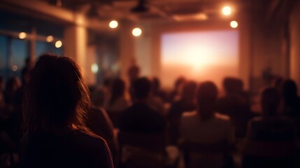Startup pitch session with projector and audience in an innovative setting