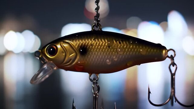Detailed Golden Fishing Lure Suspended with Hooks Against Blurred Night City Backdrop
