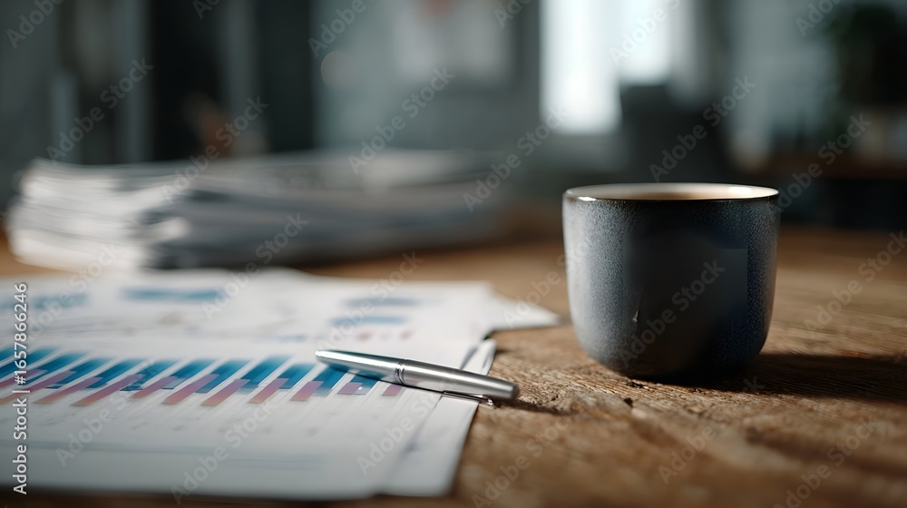 Aufkleber a productive workplace desk with charts reports and a coffee mug long title a focused organized work