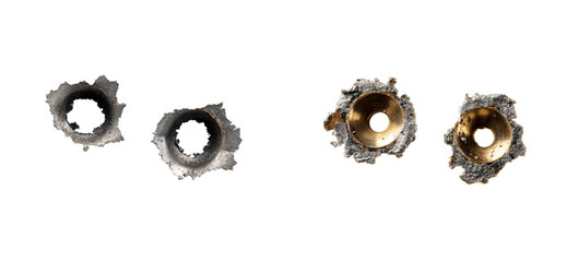 Close-up of Four Damaged Metal Fragments Showing Bullet Holes, cut out transparent