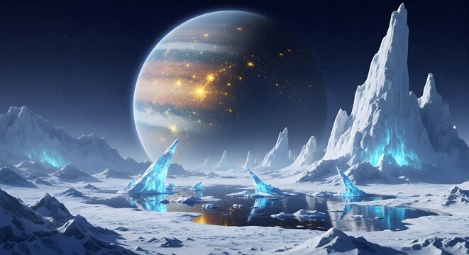 An alien icy planet with crystal mountains and a gas giant - Powered by Adobe