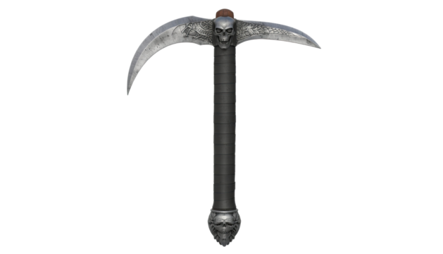 Fantasy battle axe with long black handle medieval weapon illustration isolated on white background