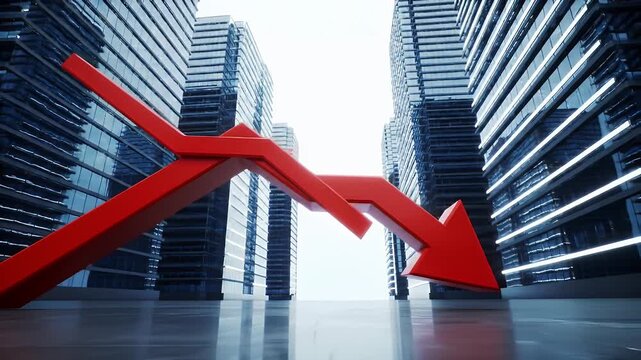 Red Arrow Pointing Down Among High Rise Buildings Symbolizing Economic Recession and Financial Decline