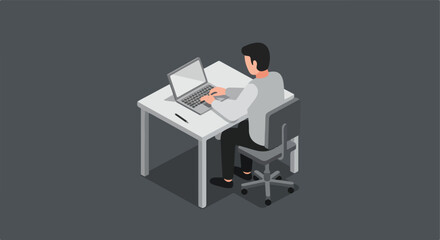 Person typing on laptop at a white desk. Dark isolated background shows modern workspace