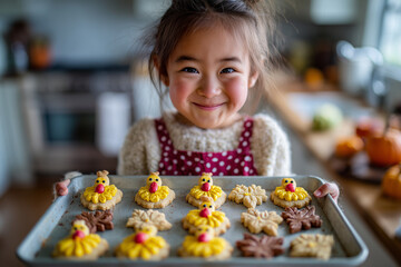 Little girl holding tray of cookies shaped like turkeys and autumn leaves, proud smile, Thanksgiving baking scene, 