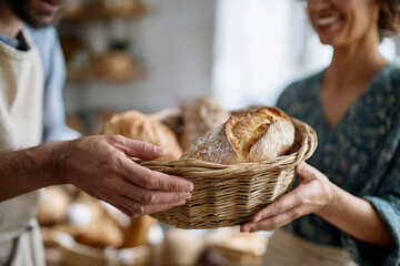 Close-up of hands passing homemade bread basket, soft focus background of smiling faces, 