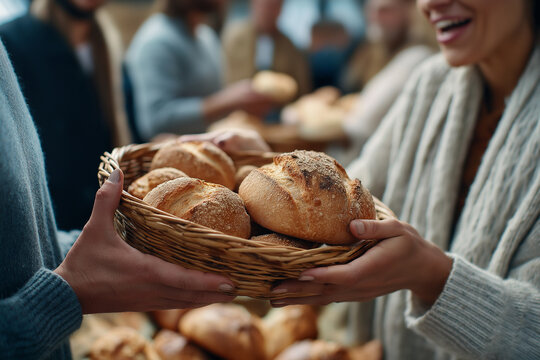 Close-up of hands passing homemade bread basket, soft focus background of smiling faces, 