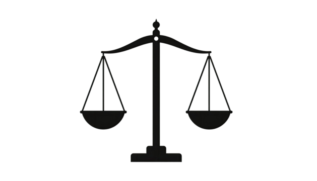 Black and white illustration of balanced weighing scale isolated on white background