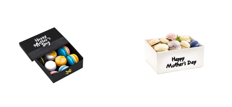 Gift boxes filled with assorted colorful French macarons for Mother's Day celebration, cut out transparent - Powered by Adobe