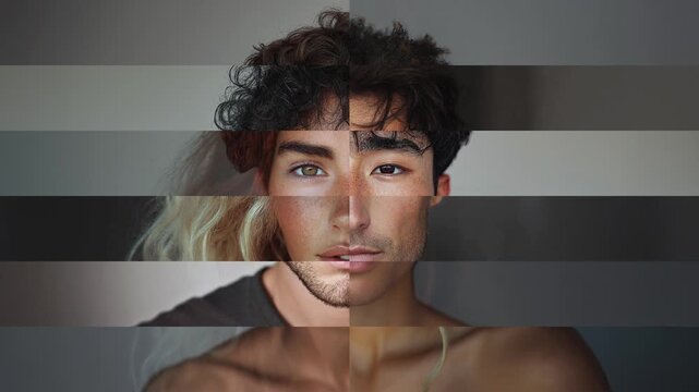 Fragmented collage of portraits of people loopable animation, diversity concept, men and women looking into camera, front view