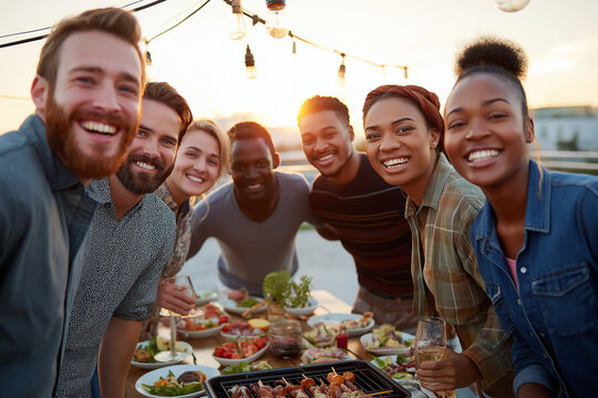 Happy white group of diverse friends enjoying rooftop barbecue at sunset - Powered by Adobe