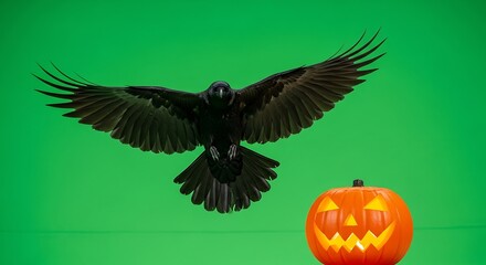 Fototapeta premium Crow Flying Near Halloween Pumpkin