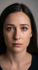 Obraz premium Close-up portrait of a young woman with tears, reflecting profound sadness, grief, and emotional pain. This poignant image highlights human vulnerability and sorrow.