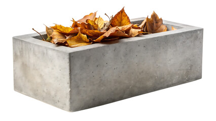 Rectangular Concrete Planter Box with Dried Leaves – Isolated on Transparent Background, AI Generated