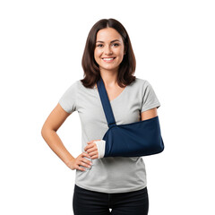 young woman with broken hand wearing an arm brace on Isolated transparent background png. generated with AI