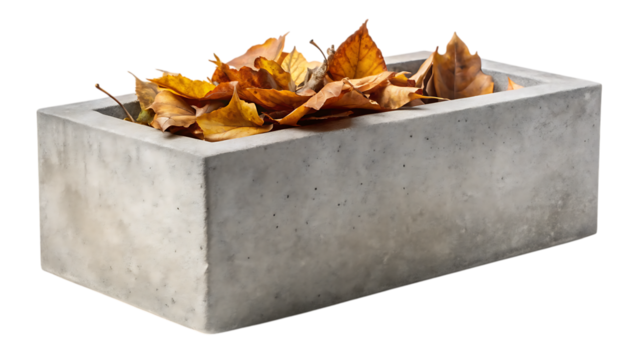 Rectangular Concrete Planter Box with Dried Leaves – Isolated on Transparent Background, AI Generated - Powered by Adobe
