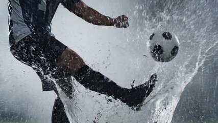 Man in a blue white jersey clenches fist in rain black shorts boots on a grassy field - Powered by Adobe