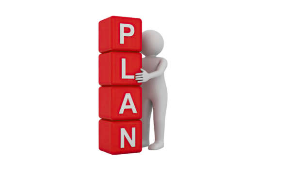 Humanoid figure with stacking red cubes with letter plan isolated on white background