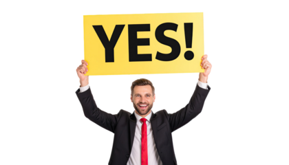 Pop art comic style illustration of smiling man holding yes sign board positive message isolated on white background