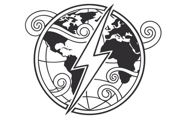 Simple drawing of a globe with a lightning bolt, in blue and white, representing climate change and electricity
