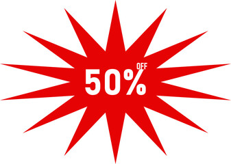 Red starburst sale badge with bold white text displaying 50% off