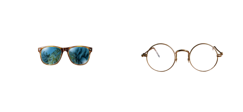 Two pairs of eyeglasses side by side, one with tortoiseshell frame and floral reflection, the other with gold wire frame, cut out transparent