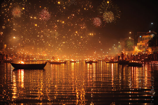 Fireworks during the Diwali festival of lights over a river. The lights of the fireworks are reflected in the water.