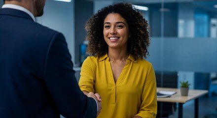 Medium shot of a confident light-skinned Hispanic woman in her 30s with bouncy dark curls, warmly shaking hands with a man in a navy suit. She wears a bright yellow blouse and smiles positively.