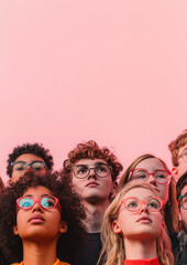 Diverse group of young people wearing colorful glasses looks upward against pink background, conveying curiosity and wonder