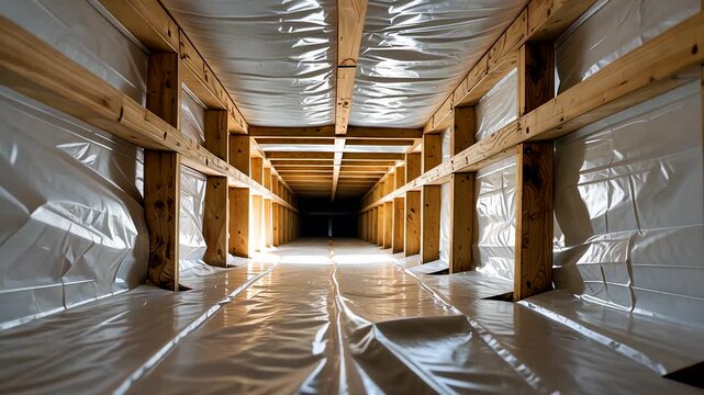 Bright sealed crawl space interior with plastic insulation covering floor and wooden support beams in clean structure