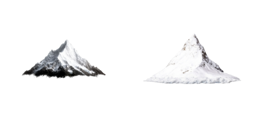 Snow covered rugged mountain peaks isolated on black, cut out transparent