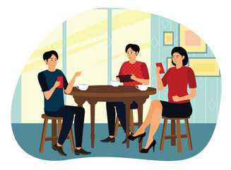 Three Friends Socializing Together at a Coffee Shop.