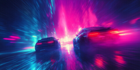 Racing cars neon lights cyberpunk aesthetic