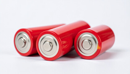 Red lithium ion batteries on light backdrop. Suitable for electrical devices and appliances.