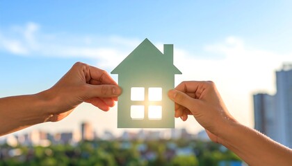 Hands holding paper house against city skyline