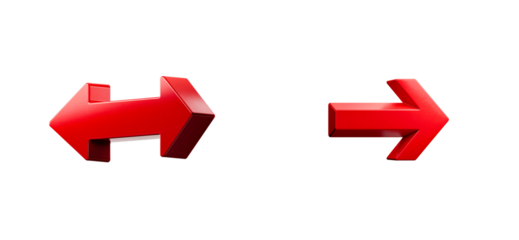 Two glossy red arrows pointing in opposite directions on a black background, cut out transparent