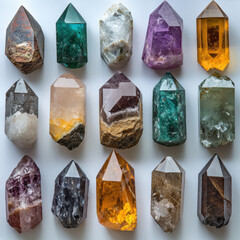 Collection of colorful crystal points arranged in rows, showcasing variety of hues including green, purple, orange, and brown. crystals are polished, reflecting light beautifully