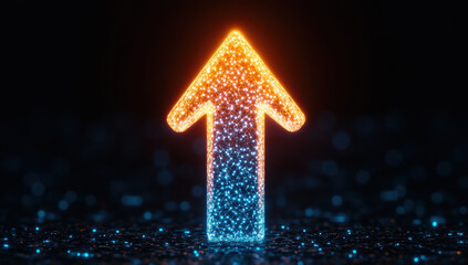 Glowing arrow composed of digital particles points upward against dark background, symbolizing progress and innovation. vibrant colors create futuristic and dynamic atmosphere