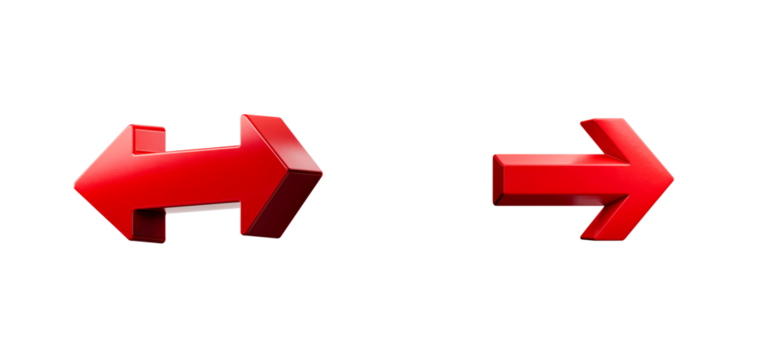 Two glossy red arrows pointing in opposite directions on a black background, cut out transparent