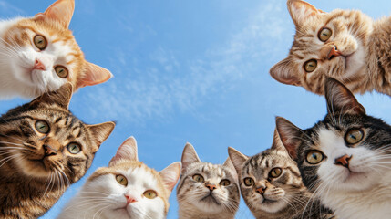 Group of curious cats with various fur patterns and colors look down at camera against clear blue sky, creating playful and engaging scene