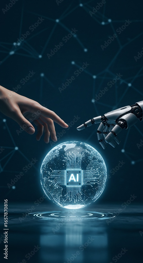 Poster a human hand and a robotic hand are touching a glowing globe with ai on it background is dark with c