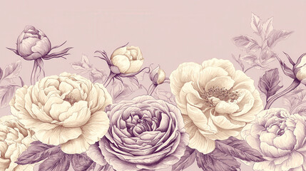 Elegant vintage floral illustration featuring blooming roses and buds in soft pastel tones on muted background, evoking sense of nostalgia and tranquility