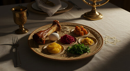 Traditional Passover Seder plate with symbolic foods: Z'roa, Beitzah, Maror, Charoset, Karpas. Set on a festive table with Kiddush cup, candelabrum & Star of David.