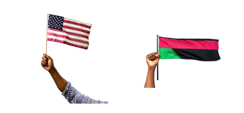 Black hand holding American flag and Pan-African flag on black background, cut out transparent