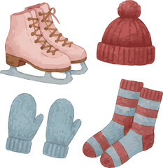 Collection of watercolor painted ice skating stuff